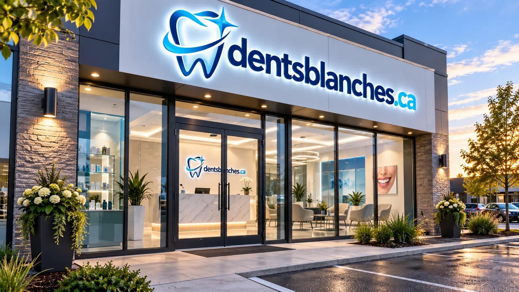 Façade vitrée d'une clinique dentaire au crépuscule, enseigne lumineuse au-dessus de l'entrée